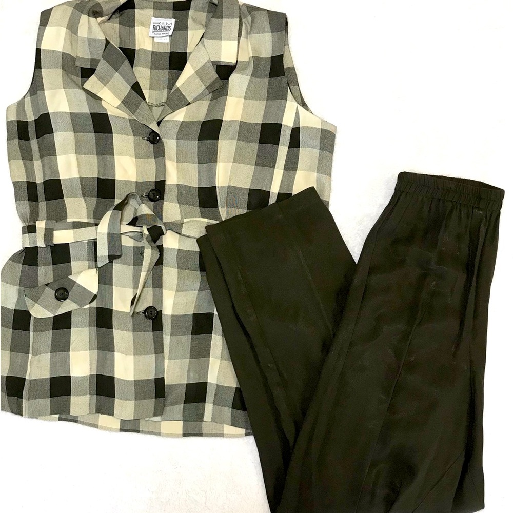R&M Richards Vintage 2 Piece Shirt and Pants Set Green Cream Womens Size 14